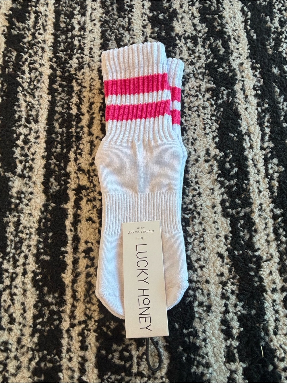 Lucky Honey Women's White Crew Grip Socks with Hot Pink Stripes